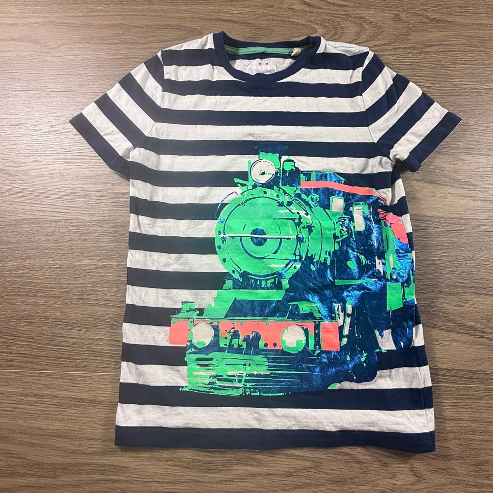 Mini Boden Boys Navy White Striped Train Graphic T-Shirt Metallic Foil Size 9-10
